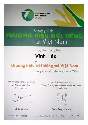 Chứng nhận Vĩnh Hảo là thương hiệu nổi tiếng Việt Nam
