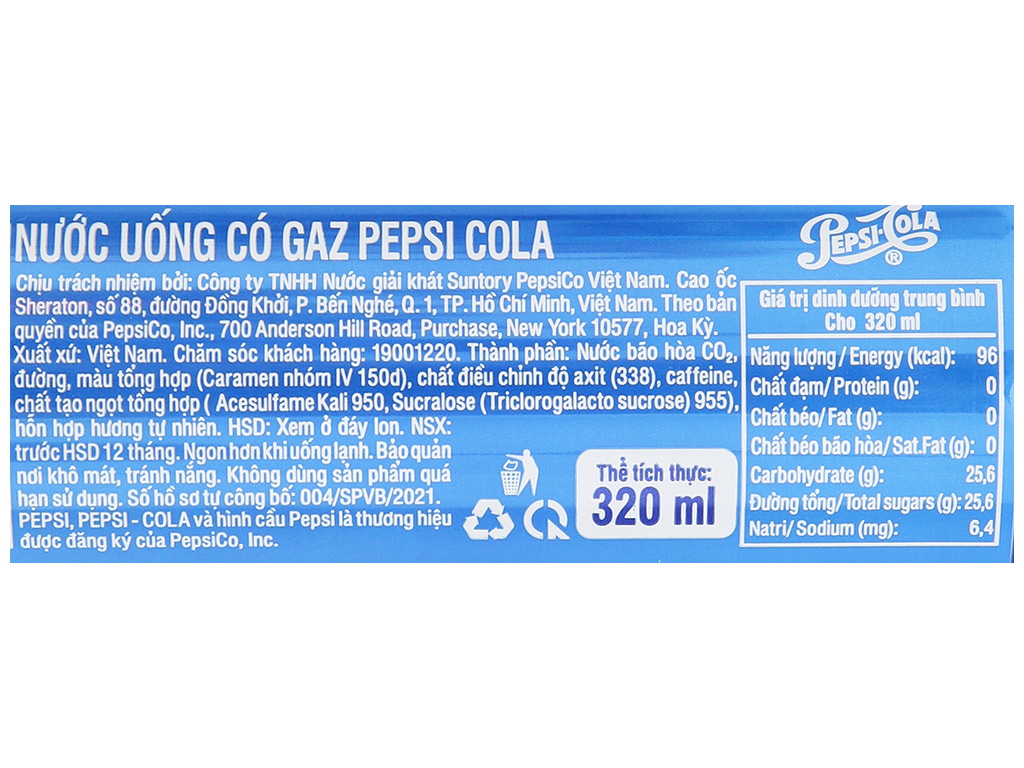 thành phần và lọi ích của pepsi cola trên nhãn chai