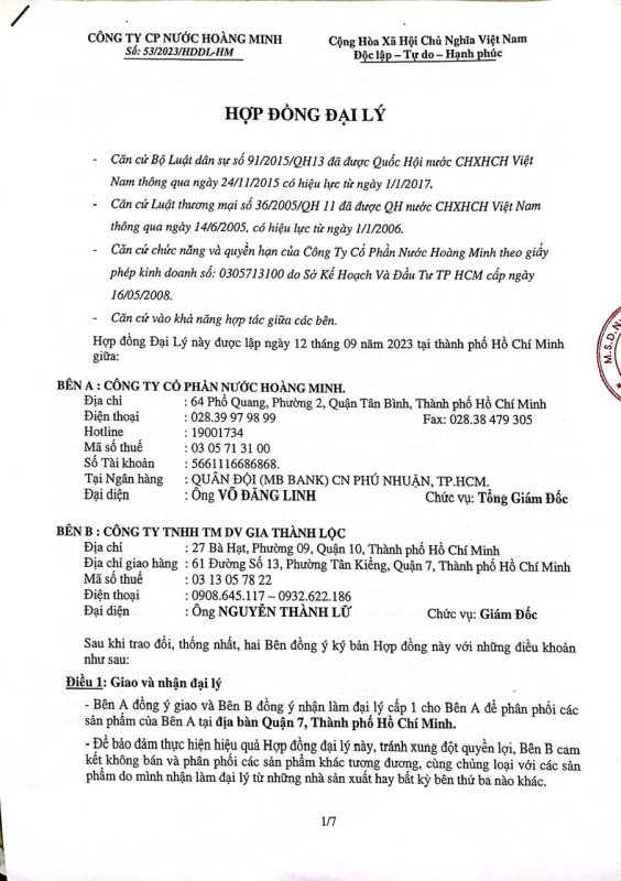 hợp đồng đại lý nước Ion Life giữa Gia Thành Lộc với Hoáng Minh