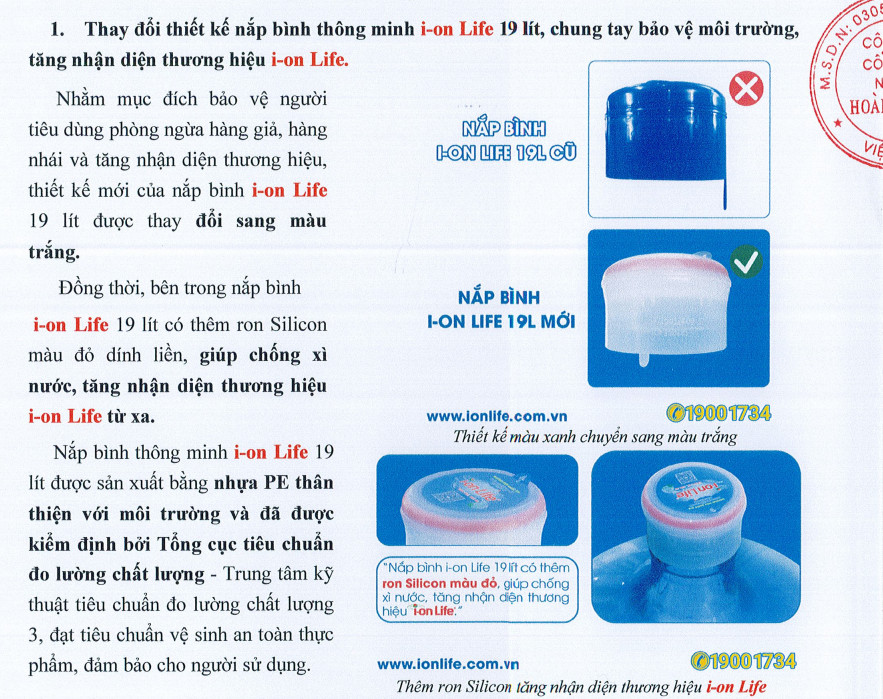 thông báo thay đổi nắp bình mới của Ion Life
