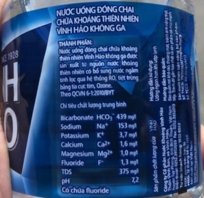 thành phần khoáng chất của Vĩnh hảo trên nhãn chai 500ml