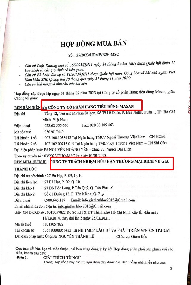hợp đồng phân phối giửa Gia Thành Lộc và Masan