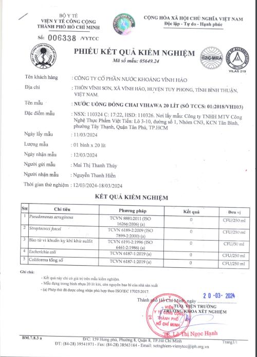 phiếu kết quả kiểm nghiệm nước Vihawa 20l
